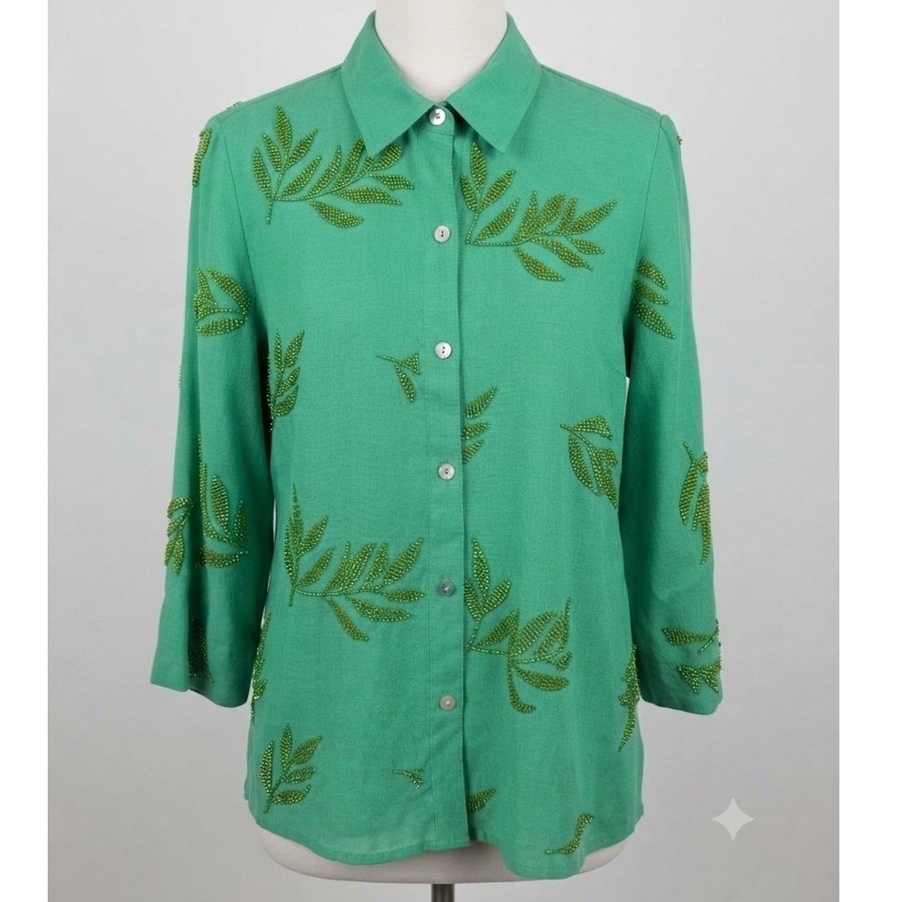 Vintage Alfred Dunner Green Bead Leaf Button Down Shirt 3/4 Sleeve Womens Small